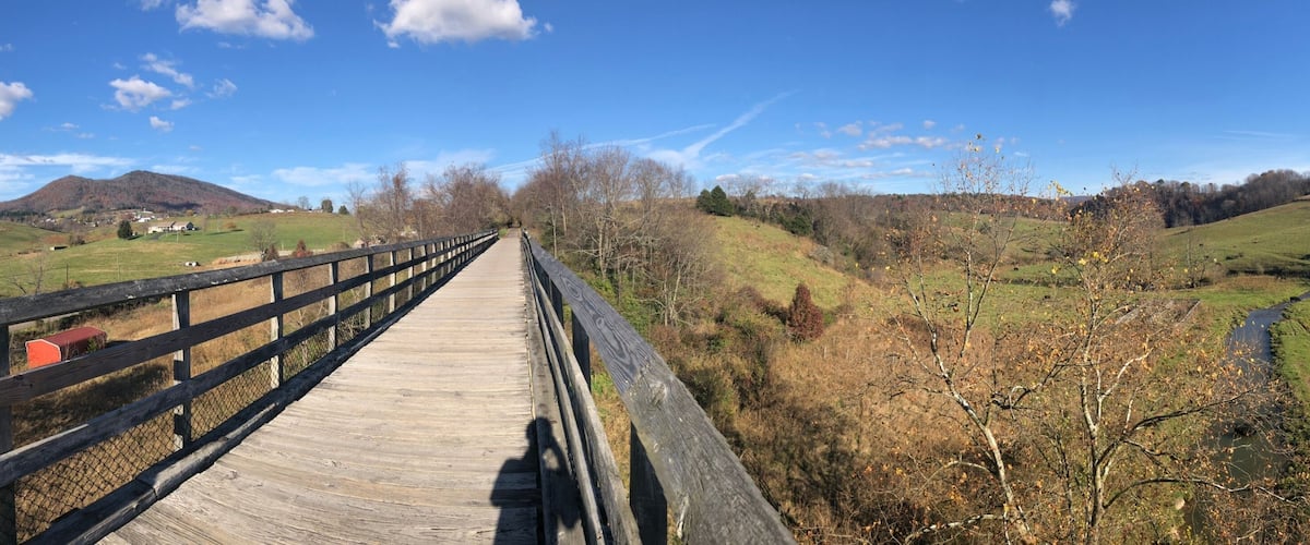 A wooden bridge over a river, surrounded by green hills and sparse trees.