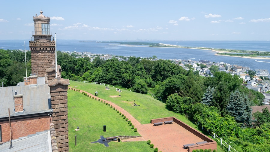 View of the Navesink Twin Lights State Historic Site lighthouses in Highlands, New Jersey, United States.