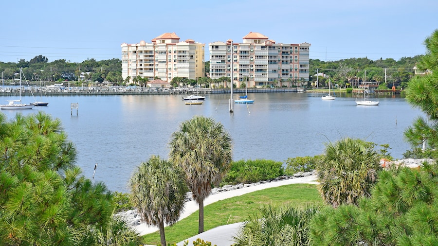 Riverfront park with condos in the background near Cocoa Village in Brevard County, Florida.