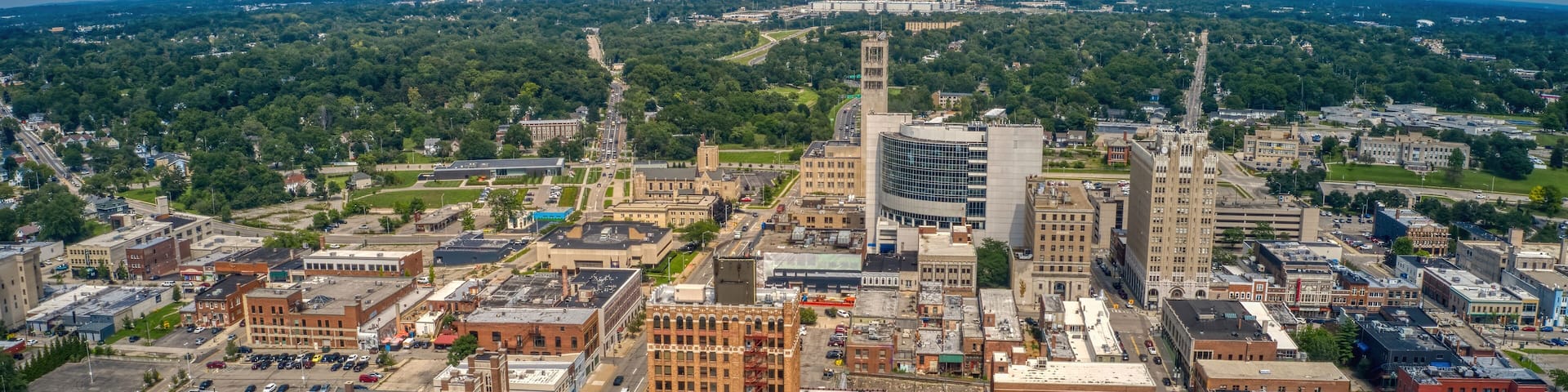 Aerial View of Downtown Pontiac, Michigan during Summer