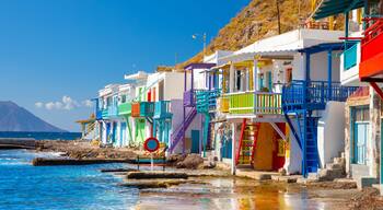 Vibrant fishing village of Klima with white houses and colorful doors on Milos Island in Greece