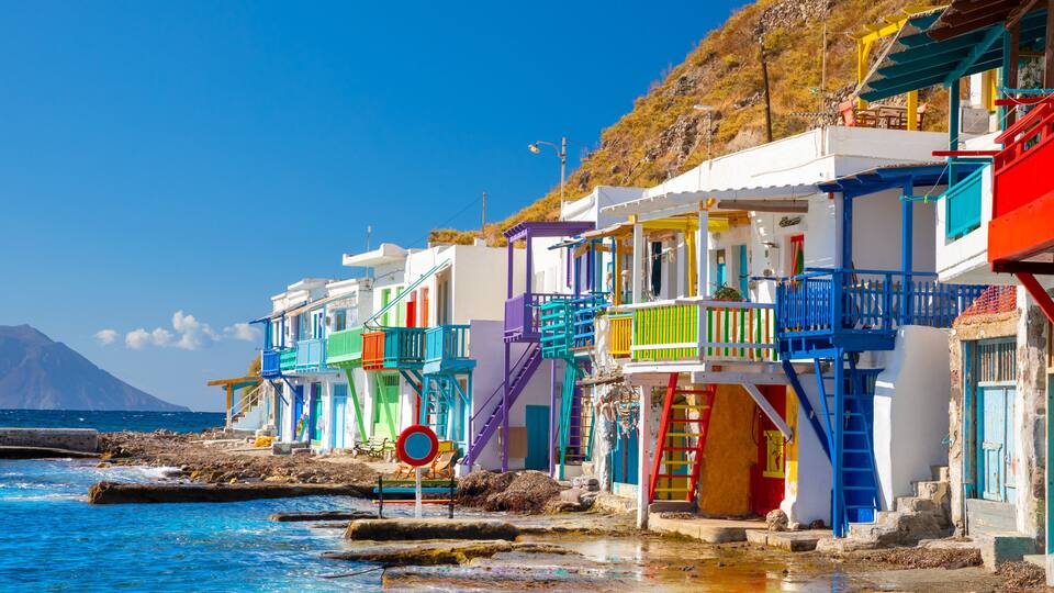 Vibrant fishing village of Klima with white houses and colorful doors on Milos Island in Greece