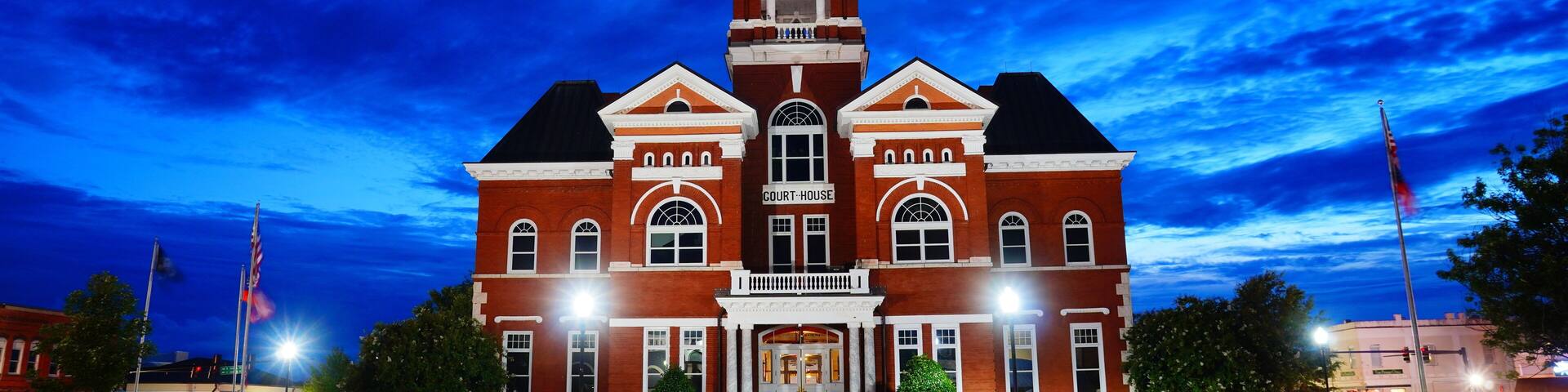 Forsyth, Georgia, USA 07 19 2024: The night landscape of Forsyth city: Forsyth is a city in and the county seat of Monroe County, Georgia, United States.