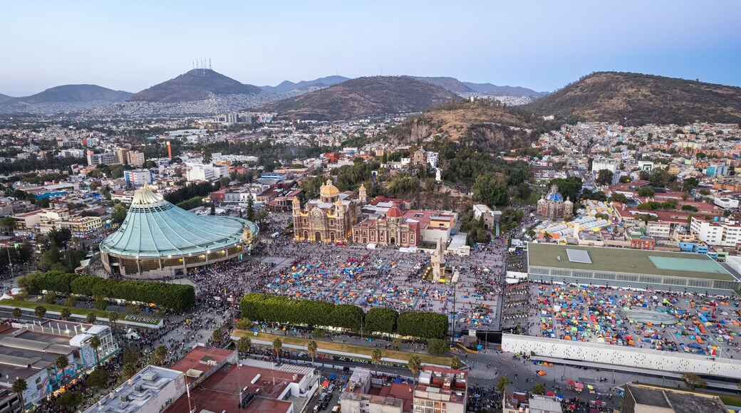 Aerial view of Basilica of Our Lady of Guadalupe. The old and the new Basilica. Basilica de Nuestra Señora Guadalupe, La Villa atrium. square. Mexico City