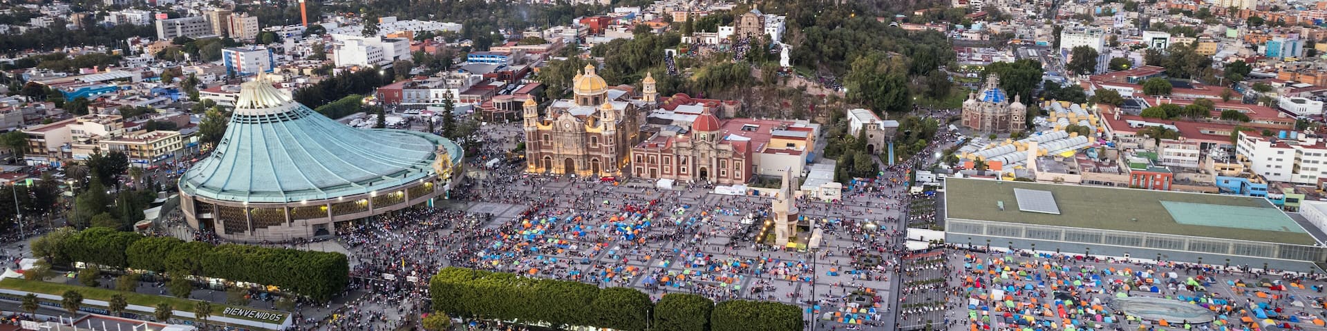 Aerial view of Basilica of Our Lady of Guadalupe. The old and the new Basilica. Basilica de Nuestra Señora Guadalupe, La Villa atrium. square. Mexico City