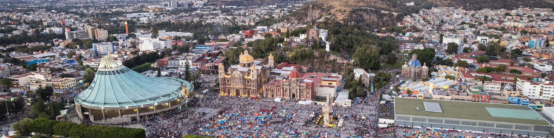 Aerial view of Basilica of Our Lady of Guadalupe. The old and the new Basilica. Basilica de Nuestra Señora Guadalupe, La Villa atrium. square. Mexico City