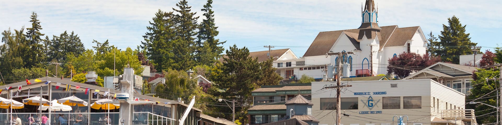 USA, Washington State, Poulsbo, Harbor with Church