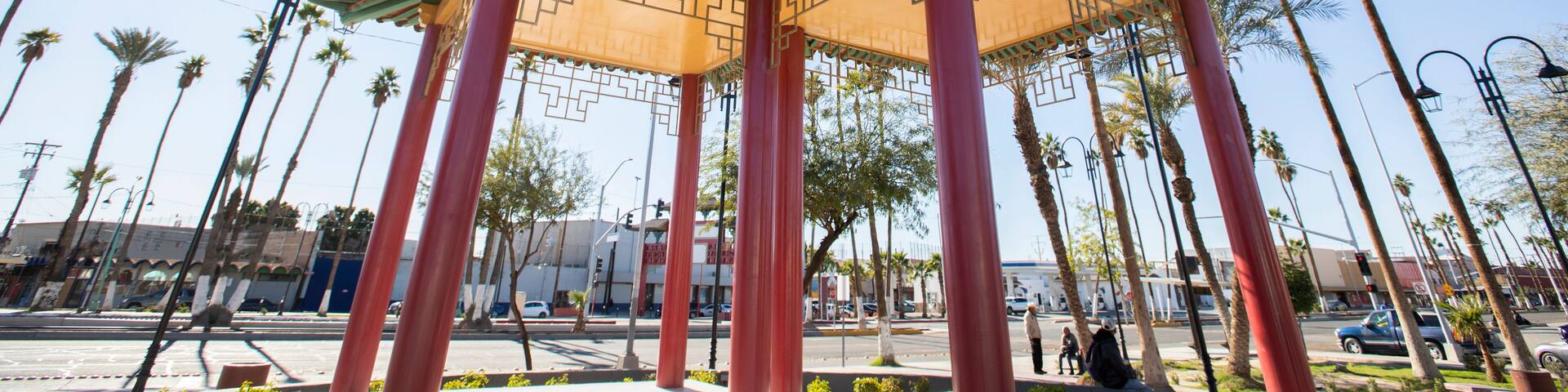 Daytime view of Chinese style architecture in downtown Mexicali, Baja California, Mexico.