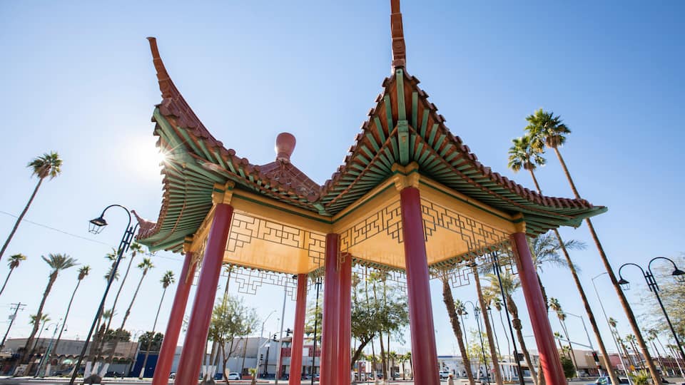 Daytime view of Chinese style architecture in downtown Mexicali, Baja California, Mexico.