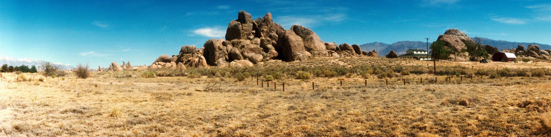 Panoramic view of rock formations in the Alabama Hills, California, USA.