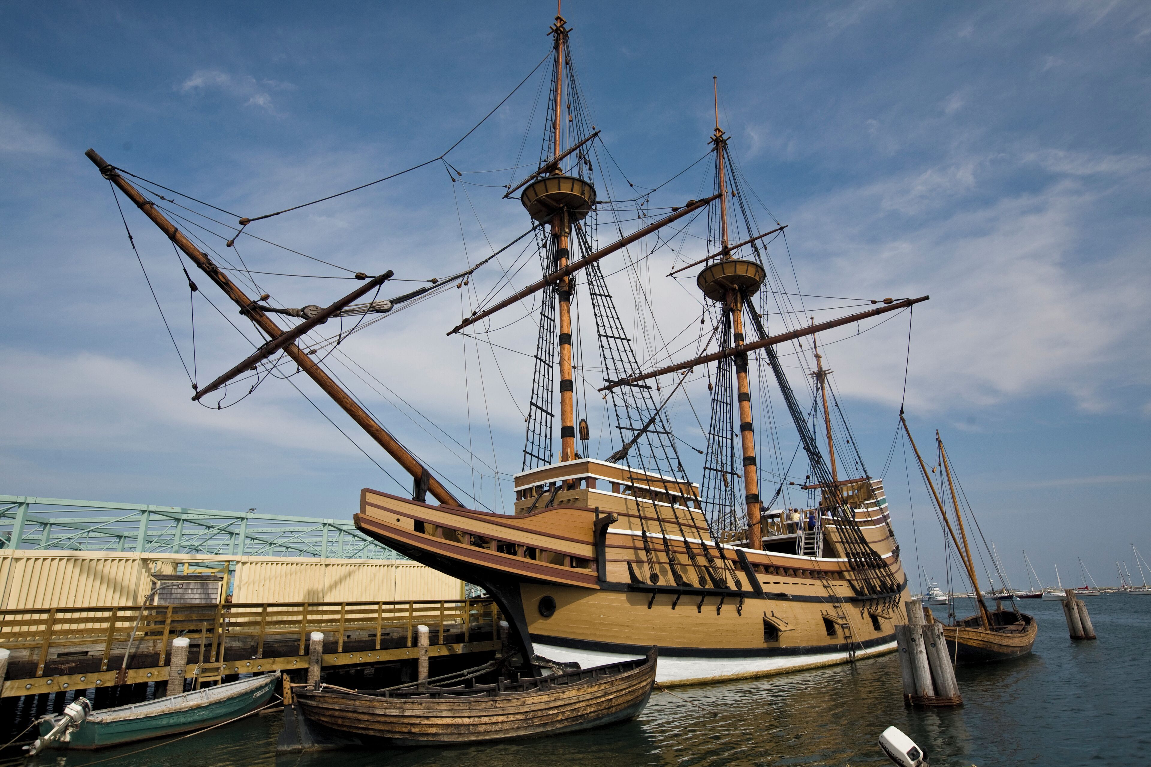 Replica of the Mayflower Boat docked in Plymouth, Massachusetts.