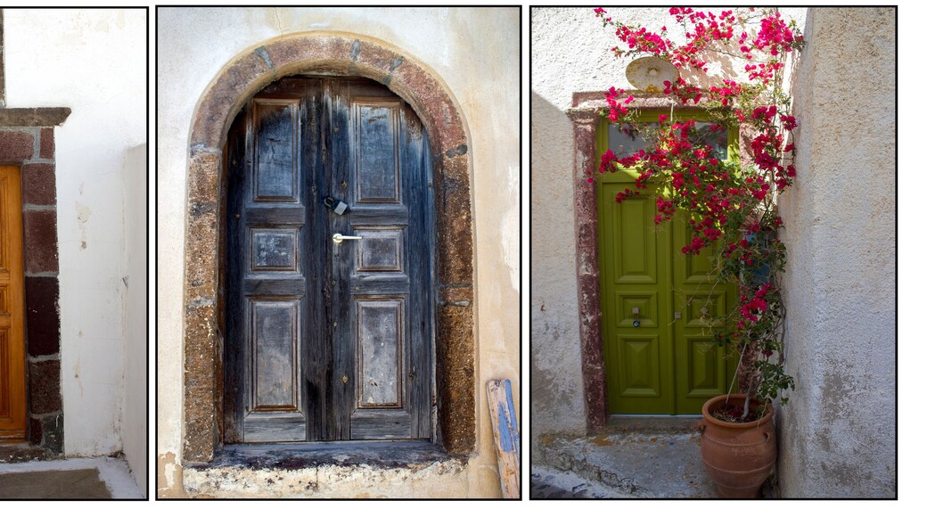 old doors of white houses on Santorini island, Greece