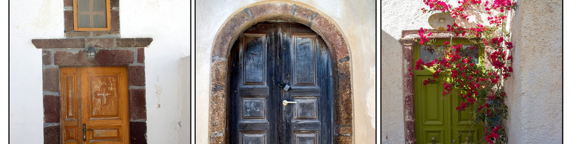 old doors of white houses on Santorini island, Greece