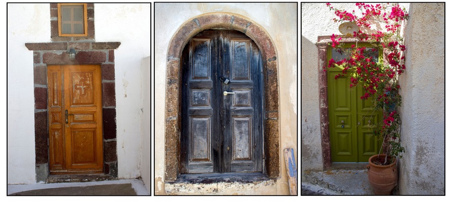 Three doors: a brown wooden door with a cross, a blue door with a keyhole, and a green door with a potted plant.