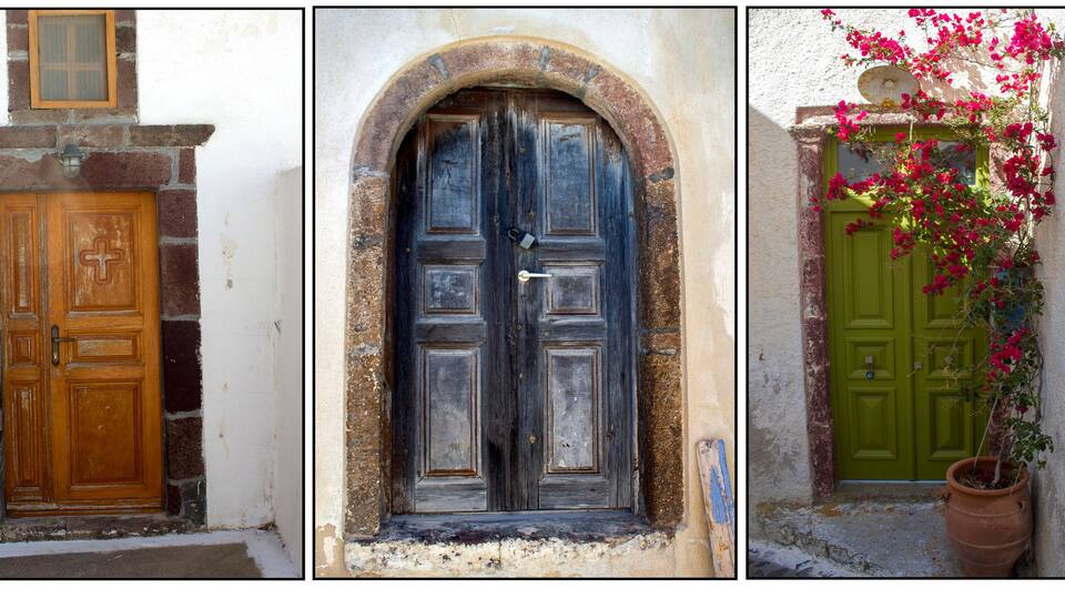 old doors of white houses on Santorini island, Greece