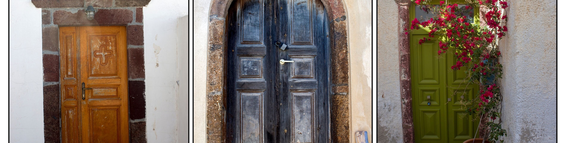 old doors of white houses on Santorini island, Greece