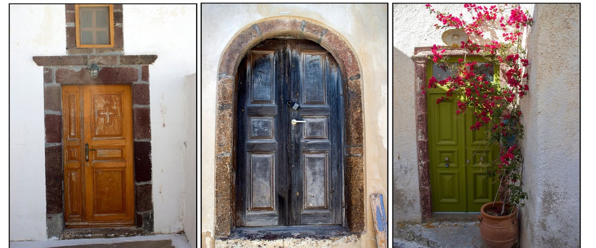 Three doors: a brown wooden door with a cross, a blue door with a keyhole, and a green door with a potted plant.