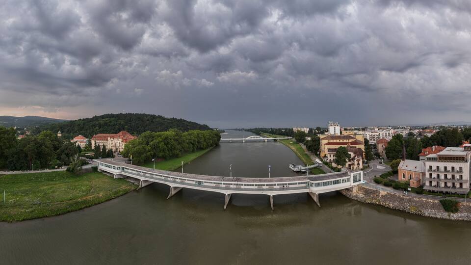 Aerial view of the river Vah and the city of Piestany in Slovakia