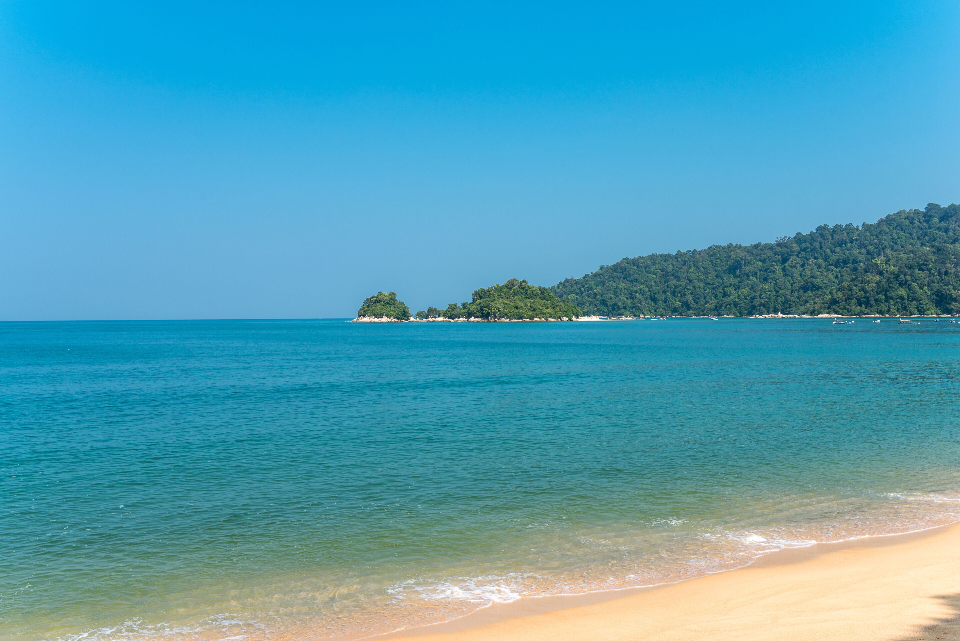 A beach with clear turquoise water, a sandy shore, and a forested hill in the background.