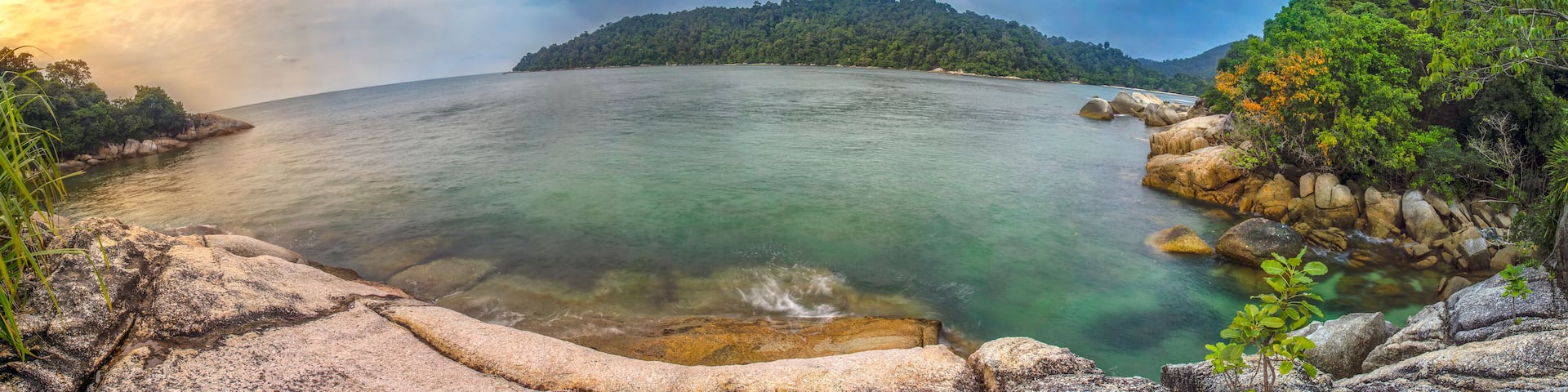 Panoramic view Pangkor island, Malaysia. Image has grain or subject is blurry or noise or out of focus and soft focus when view at full resolution. (Shallow DOF, slight motion blur)