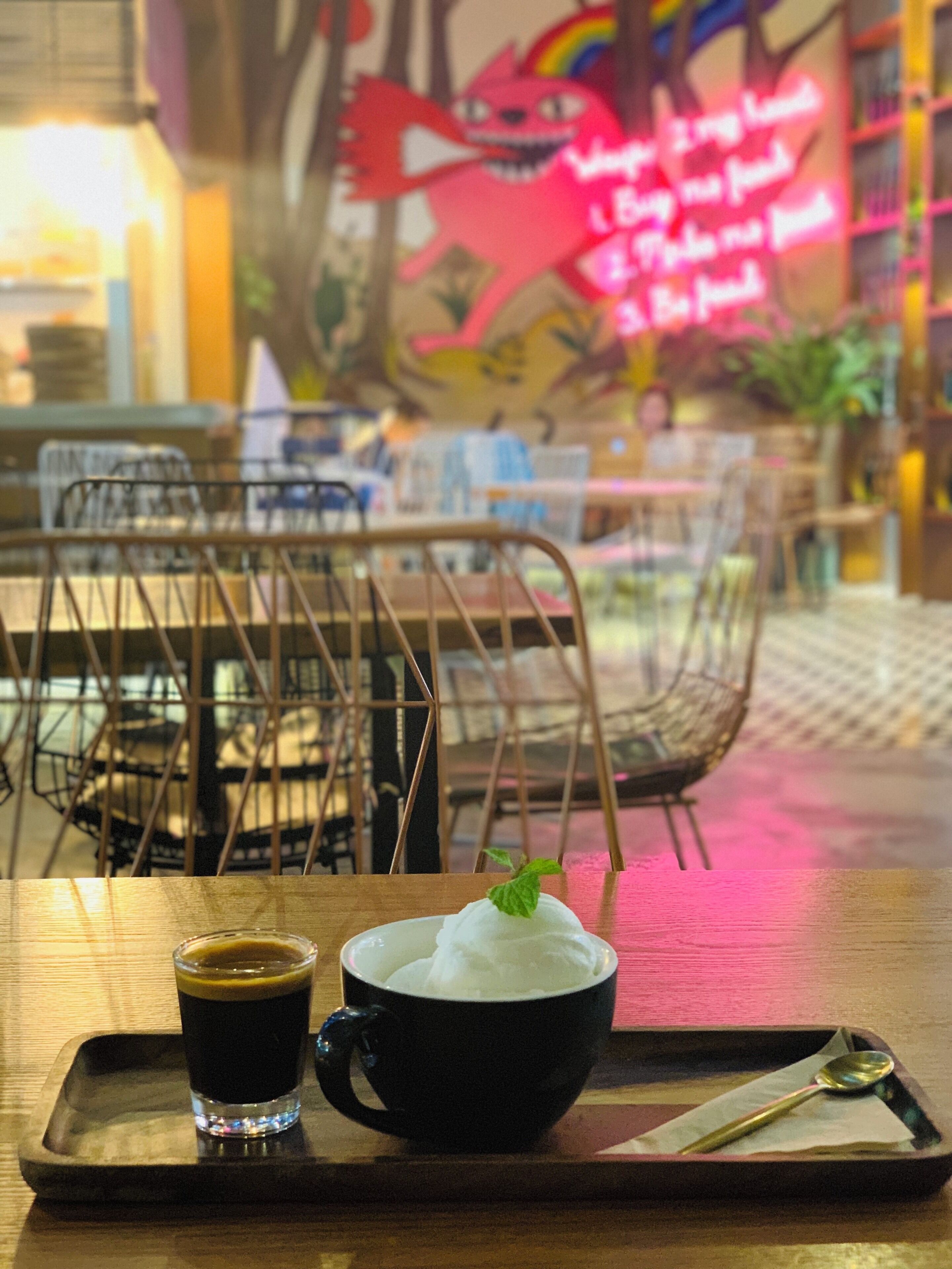 Love the affogato with a twist of fresh coconut ice cream with mint leaves on top. Espresso is on point. Great place to chill as well. #TroverFoodie