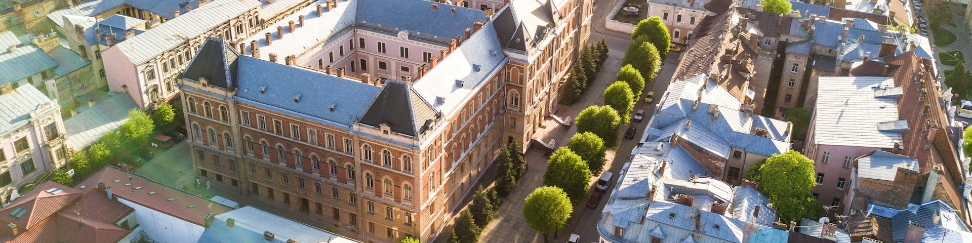 CHERNIVTSI, UKRAINE - April , 2018 : Government house in Chernivtsi city from above Western Ukraine. Sunny day of the city.