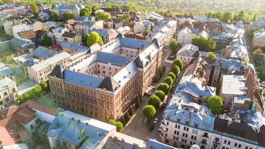 CHERNIVTSI, UKRAINE - April , 2018 : Government house in Chernivtsi city from above Western Ukraine. Sunny day of the city.