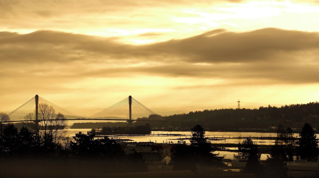 Sunrising over Port Mann Bridge - view from Sapperton skytrain station. As soon as scanning your ticket to out from the station, take a momnet to look right side and this is the view you will see in the morning.