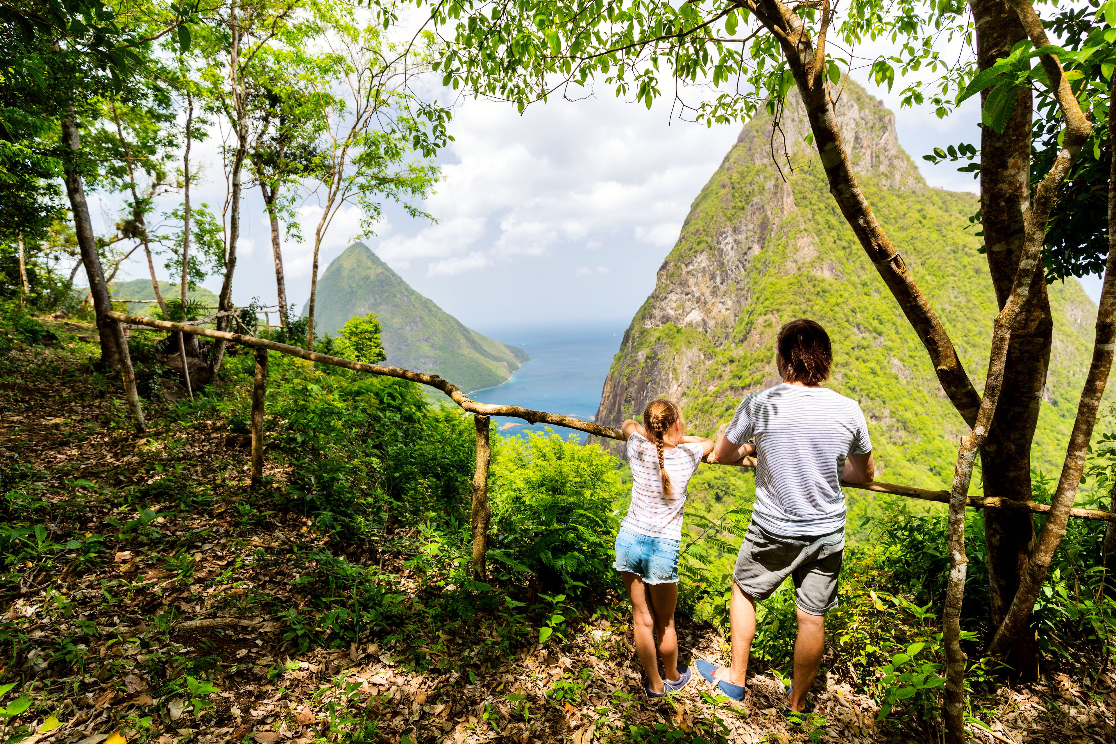 Una pareja de pie en un sendero boscoso con vistas a una costa montañosa.