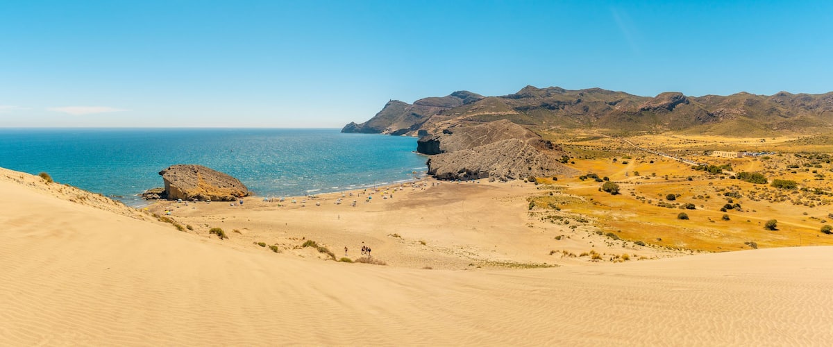 Panoramic of the Monsul beach of the Natural Park of Cabo de Gata, San Jose, Almeria. Spain