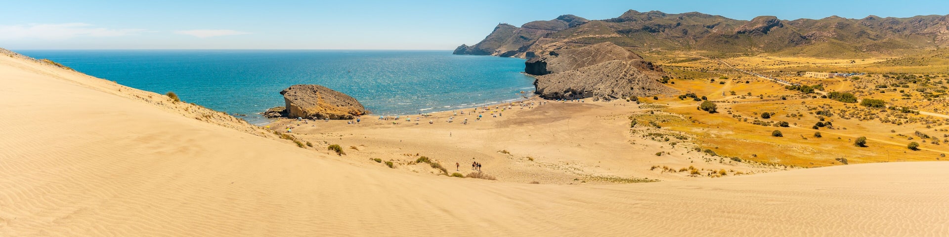 Panoramic of the Monsul beach of the Natural Park of Cabo de Gata, San Jose, Almeria. Spain