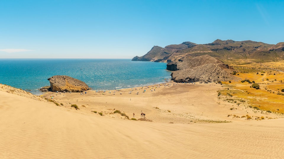 Panoramic of the Monsul beach of the Natural Park of Cabo de Gata, San Jose, Almeria. Spain