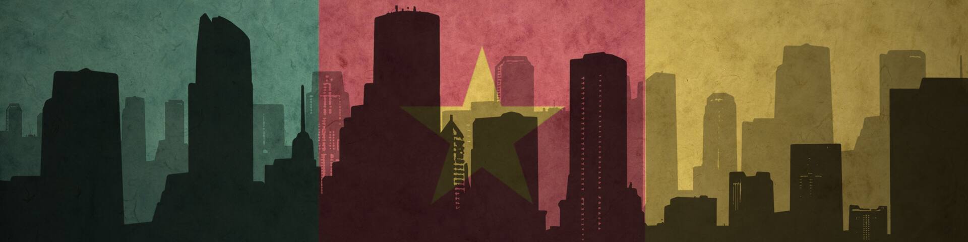 abstract silhouette of the city with text Douala at the vintage cameroon flag