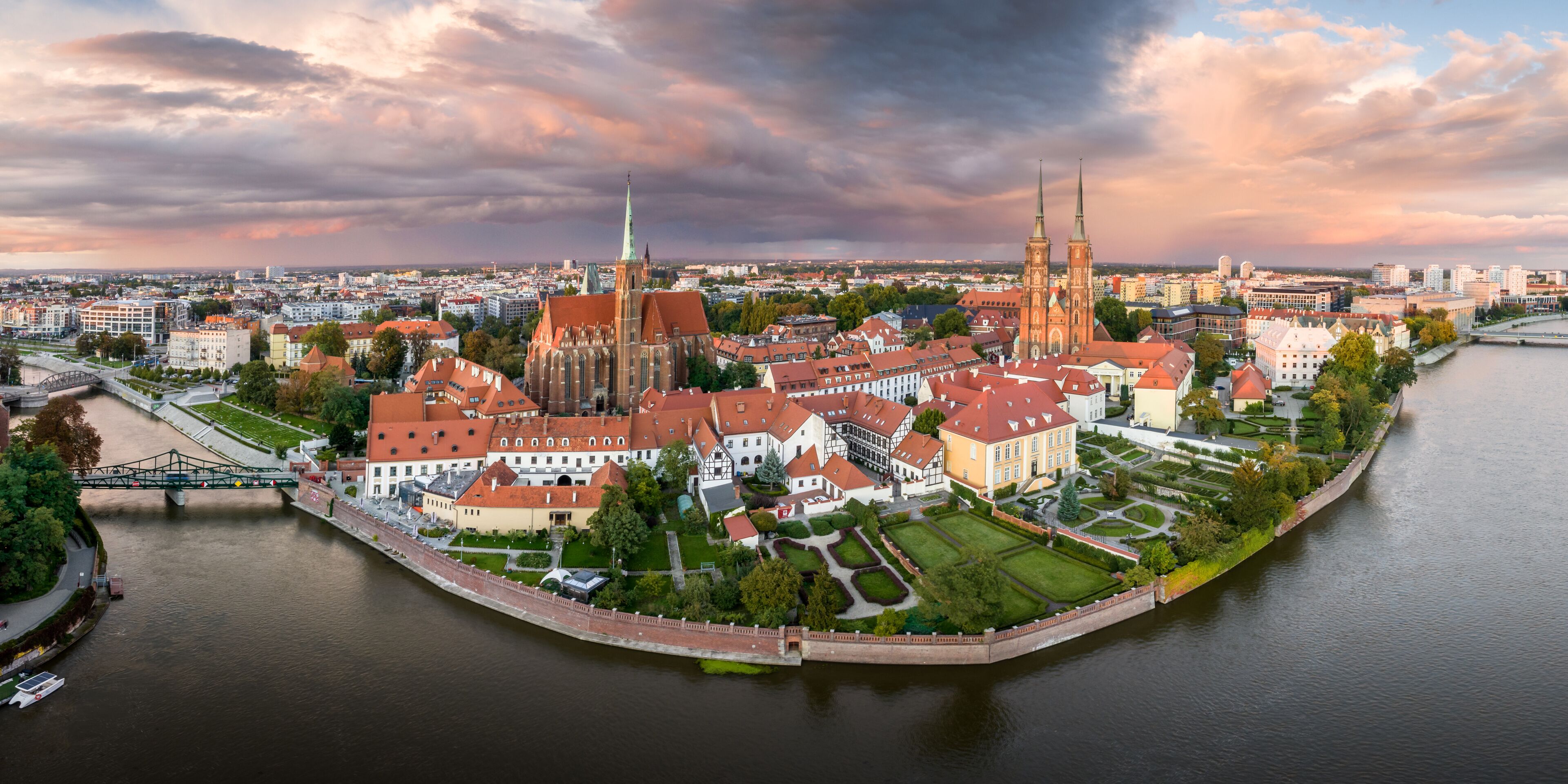 Wroclaw aerial drone panoramic shot of the Ostrów Tumski.
