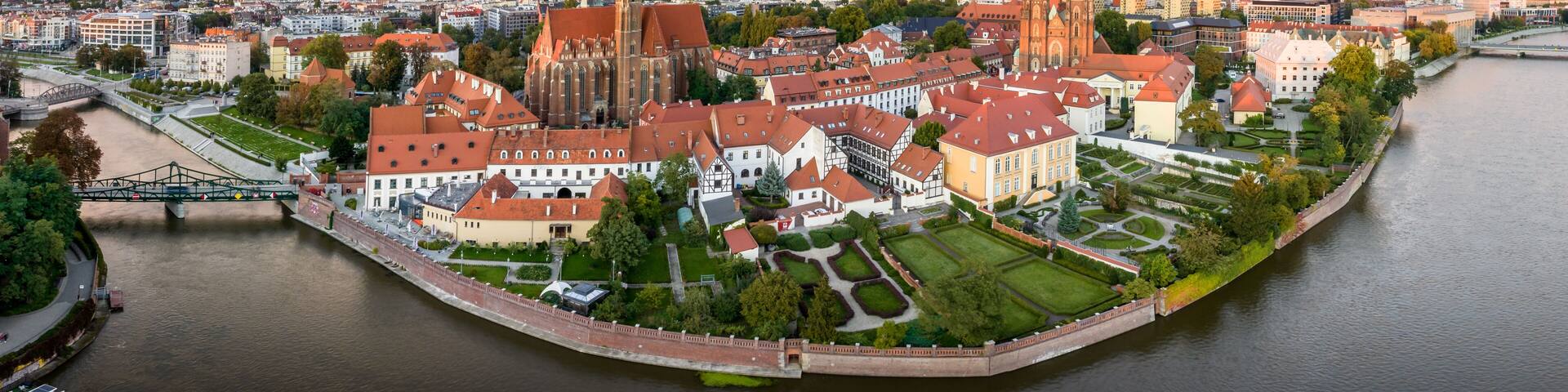 Wroclaw aerial drone panoramic shot of the Ostrów Tumski.