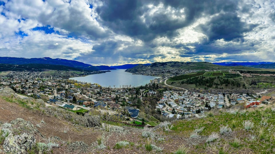 Unobstructed View of Kal Lake from Middleton Mountain in spring in Coldstream, British Columbia, Canada