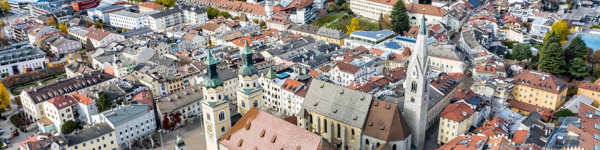 Cathedral of Santa Maria Assunta and San Cassiano in Bressanone. Brixen / Bressanone is a little town in South Tirol in northern Italy. South Tyrol, Bolzano. Italy. Aerial view of the old center city.
