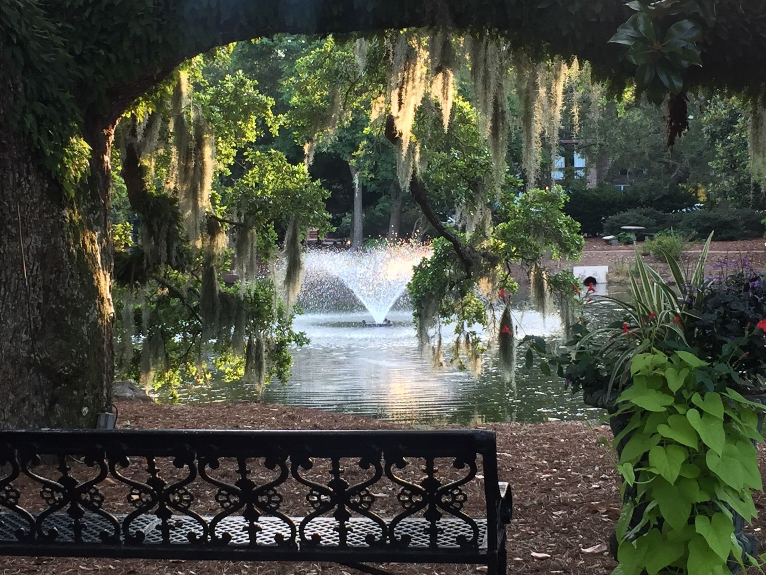 A park with a water fountain, trees, and a bench.