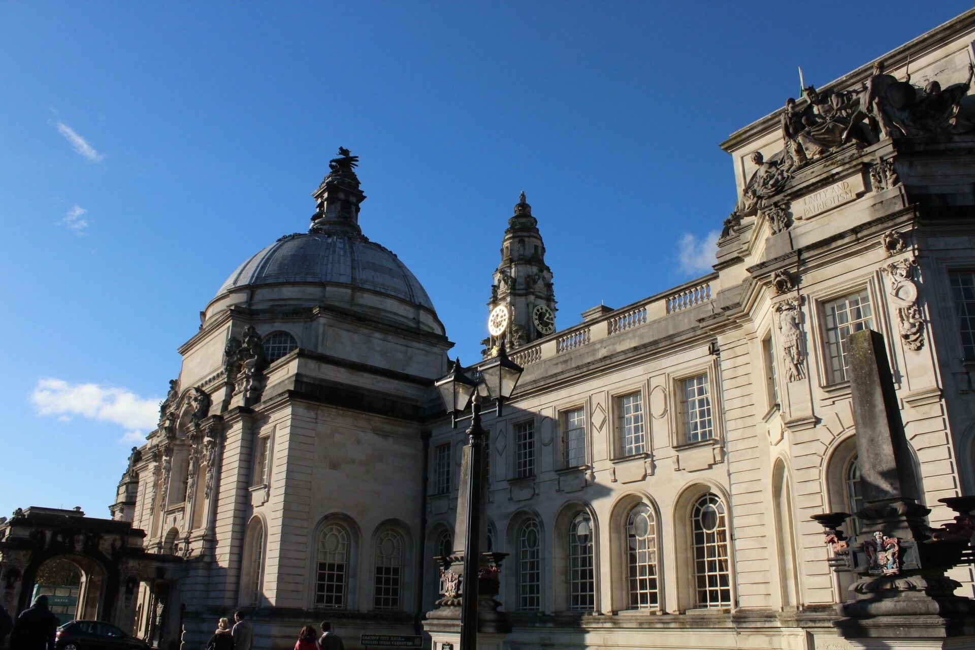 The Cardiff City Hall. I would comparably say it has a similar architecture as St Paul's Cathedral in London.The Edwardian Baroque style; definitely British with intricate statues. #architecture #cardiff #wales