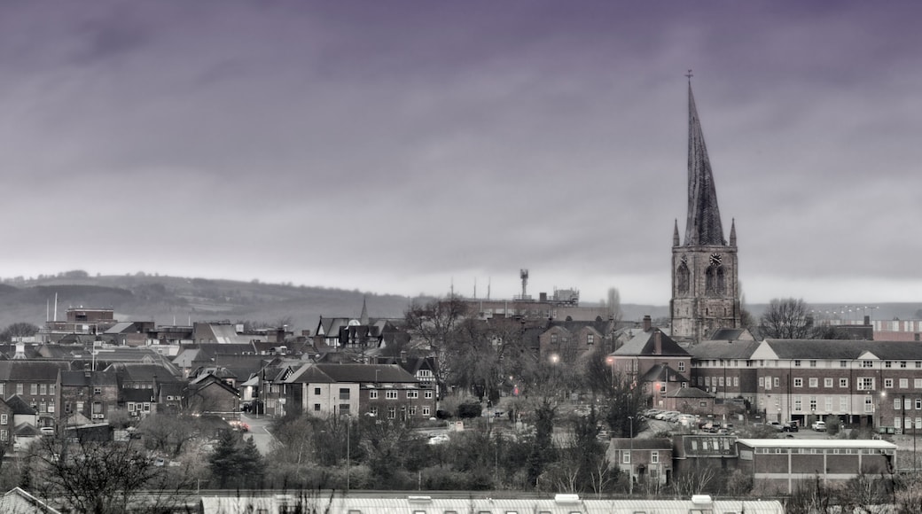 Panorama of Chesterfield, Derbyshire: skyline is dominated by the crooked spire of the church of St Mary and All Saints.
