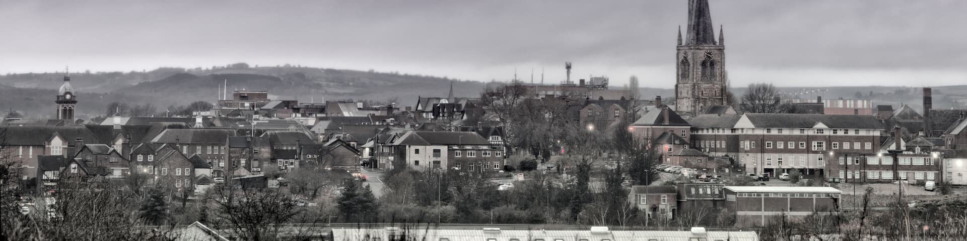 Panorama of Chesterfield, Derbyshire: skyline is dominated by the crooked spire of the church of St Mary and All Saints.