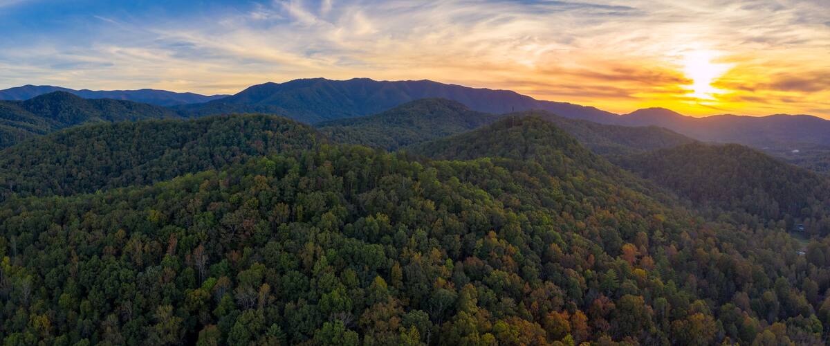 A forested mountain range at sunset.