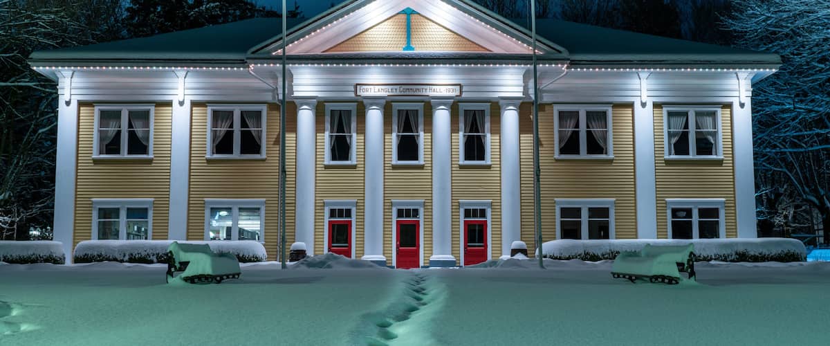 Fort Langley, British Columbia Canada, community hall of the very first settlement in BC. Night shoot after a snowfall.