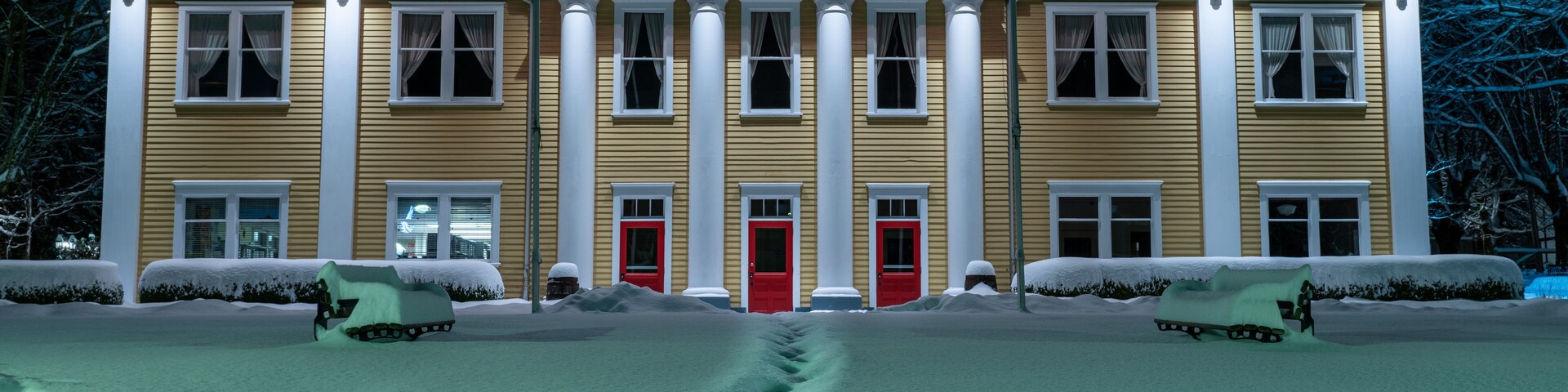 Fort Langley, British Columbia Canada, community hall of the very first settlement in BC. Night shoot after a snowfall.