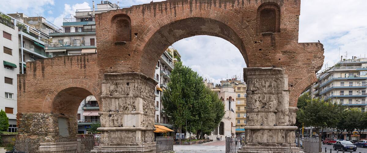 Thessaloniki, Greece - August 16, 2018: The Arch of Galerius, better known as the Kamara, Thessaloniki, Greece. It was built to honor the Roman Emperor Galerius.