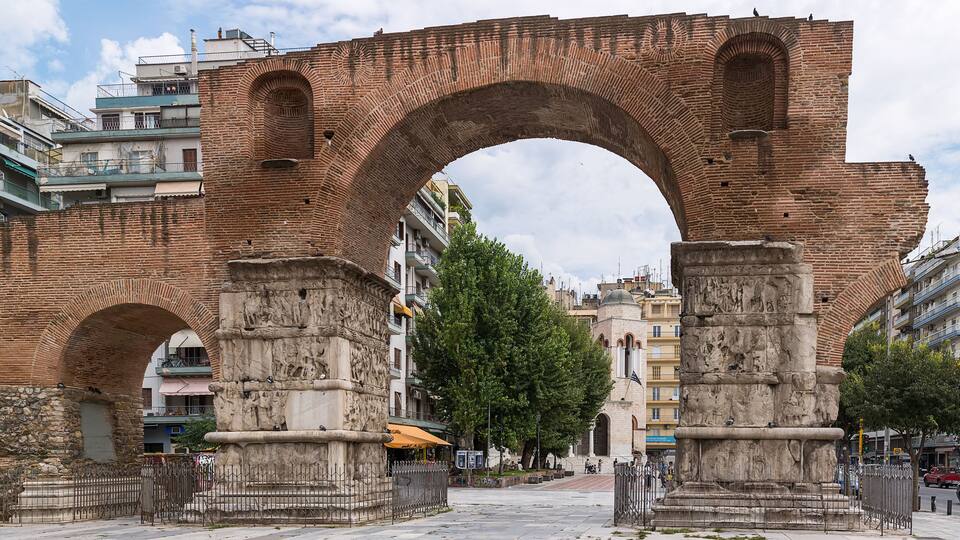 Thessaloniki, Greece - August 16, 2018: The Arch of Galerius, better known as the Kamara, Thessaloniki, Greece. It was built to honor the Roman Emperor Galerius.