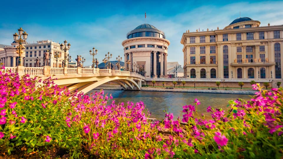 Blooming violet flowers on the shore of Vardar river. Exciting spring cityscape of capital of North Macedonia - Skopje with Archaeological Museum. Colorful view of Art Bridge.