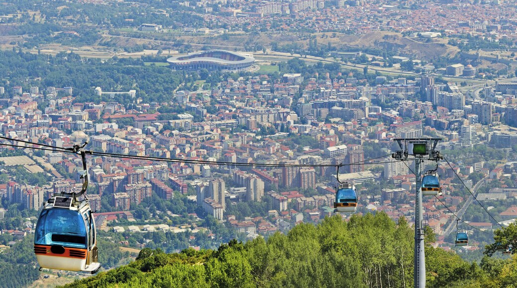 Panoramic view of Skopje and gondola cabin lift from Vodno mountain