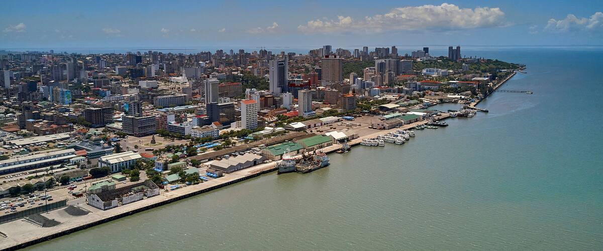 Mozambique, Katembe, Aerial view of Maputo Bay and coastal city