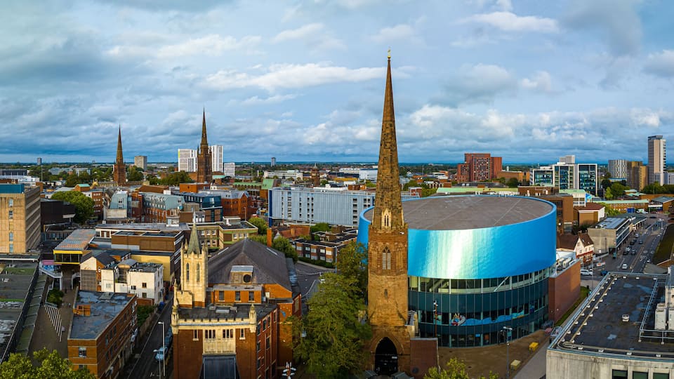 Aerial view of Coventry, a city in central England known for the medieval Coventry Cathedral and statue of lady Godiva
